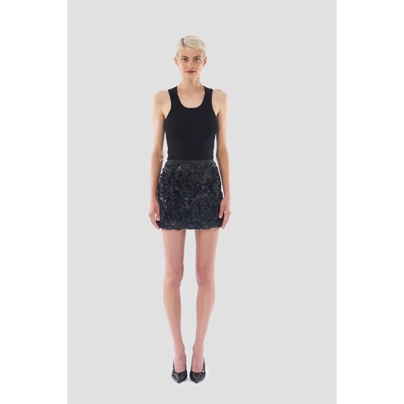 Le Superbe Heavy Petals Floral Applique Mini Skirt Black Rose Womens Size 8 - Picture 3 of 12